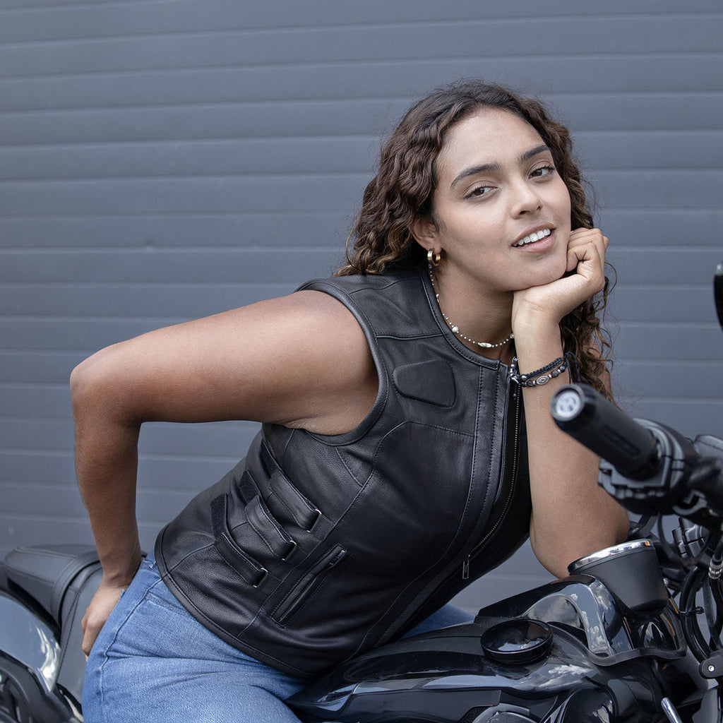 Milwaukee Motorcycle Clothing Co. Women's Gixxer Black Premium Leather Vest w/ Round Neck Side Buckle MMC40003