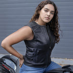 Milwaukee Motorcycle Clothing Co. Women's Gixxer Black Premium Leather Vest w/ Round Neck Side Buckle MMC40003