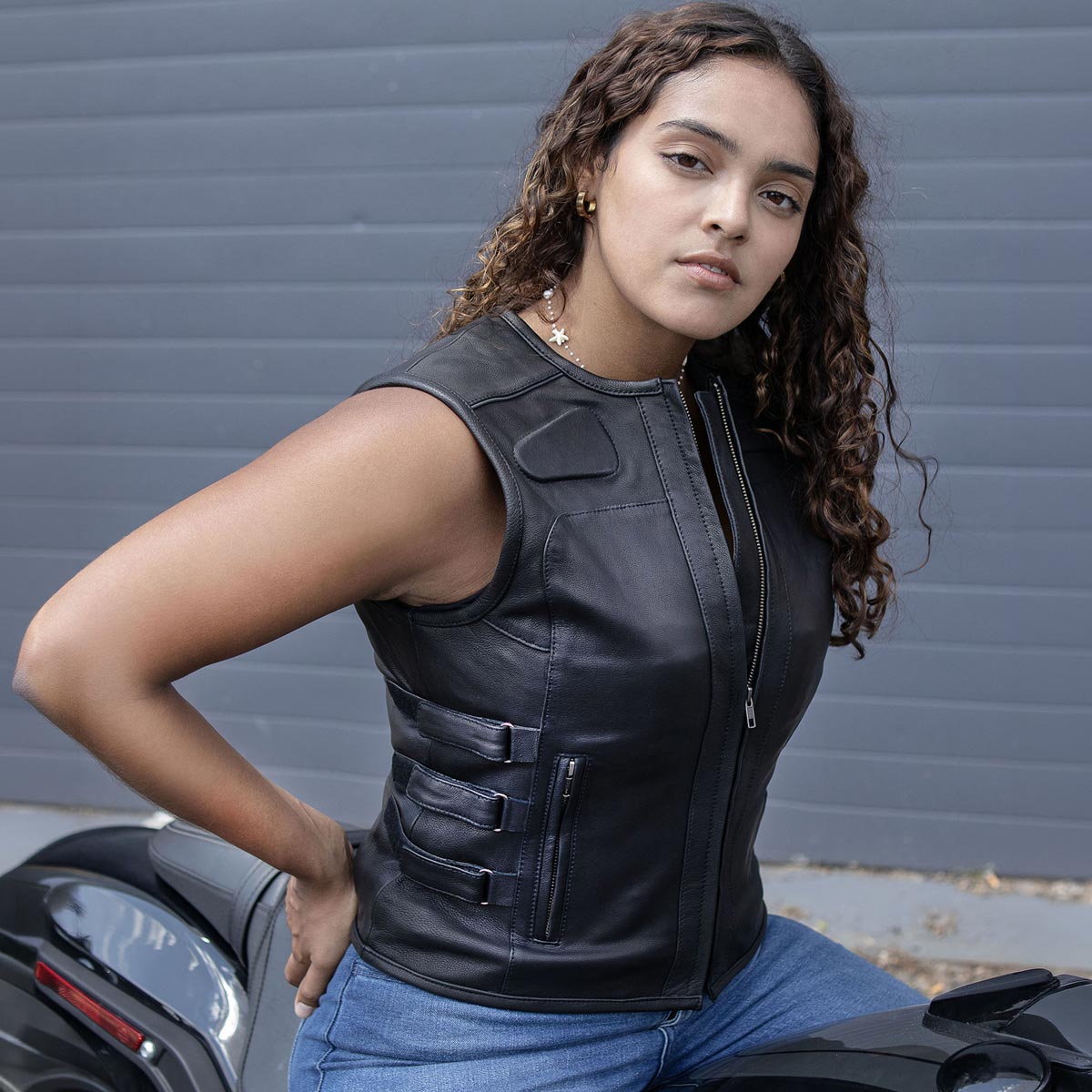 Milwaukee Motorcycle Clothing Co. Women's Gixxer Black Premium Leather Vest w/ Round Neck Side Buckle MMC40003