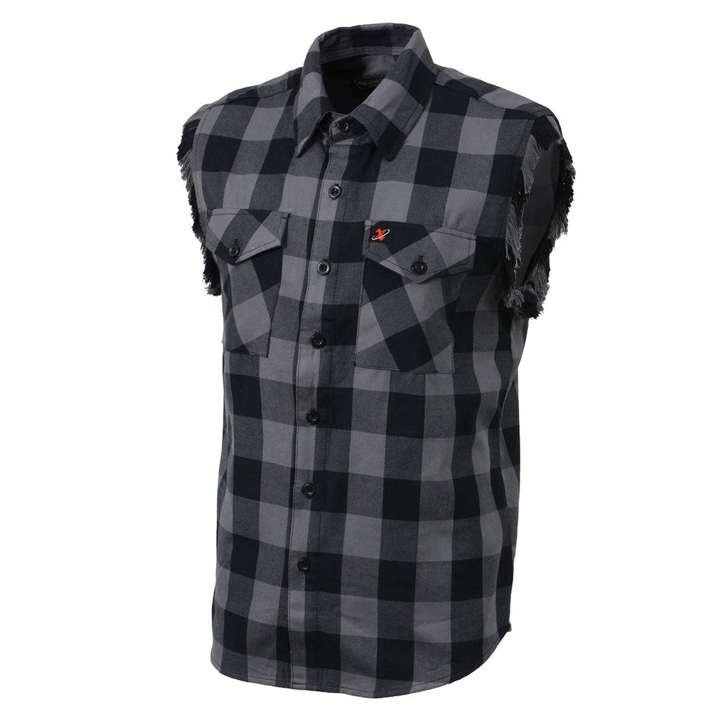 Milwaukee Leather MNG11689 Men’s Classic Black and Grey Button-Down Flannel Cut Off Frayed Sleeveless Casual Shirt Black / Small