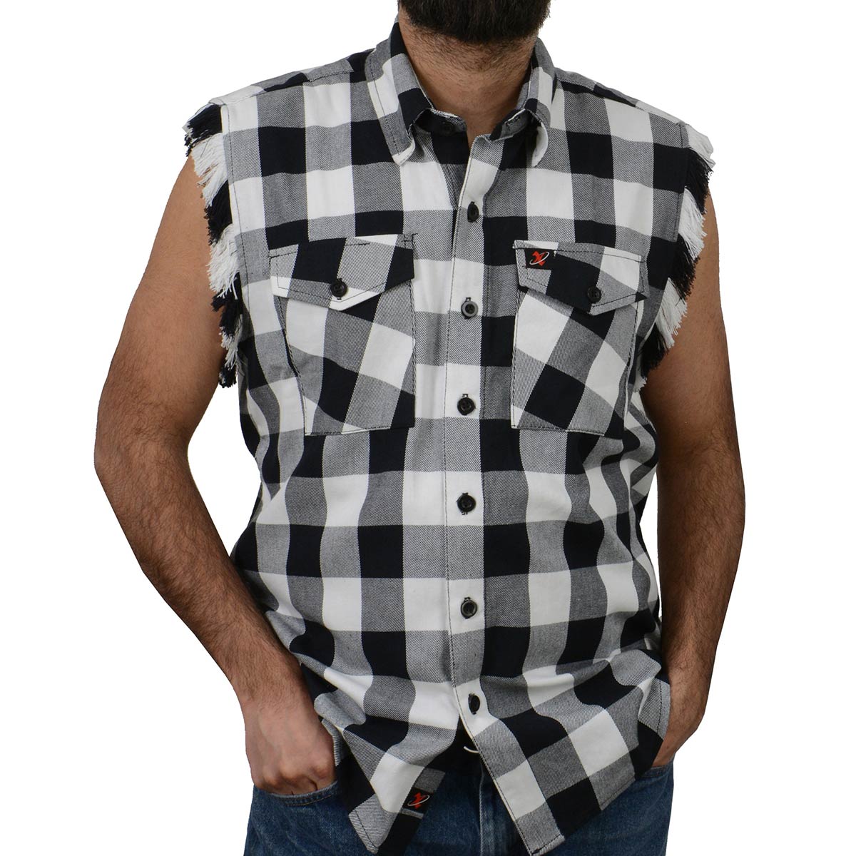 Milwaukee Leather MNG11690 Men’s Black and White Cut Off Flannel Shirt