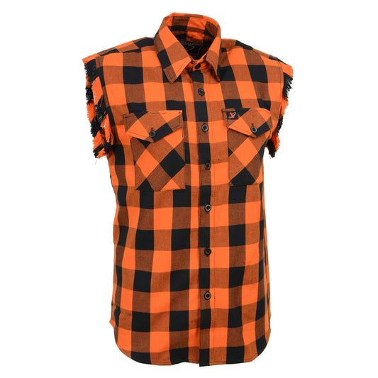 Milwaukee Leather MNG11698 Men's 'Checkered' Black and Orange Cut Off Flannel Shirt