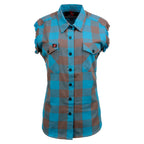 Milwaukee Leather MNG21623 Women's Flannel Brown/Aqua Button Down Sleeveless Cut Off Shirt w/ Frill Arm