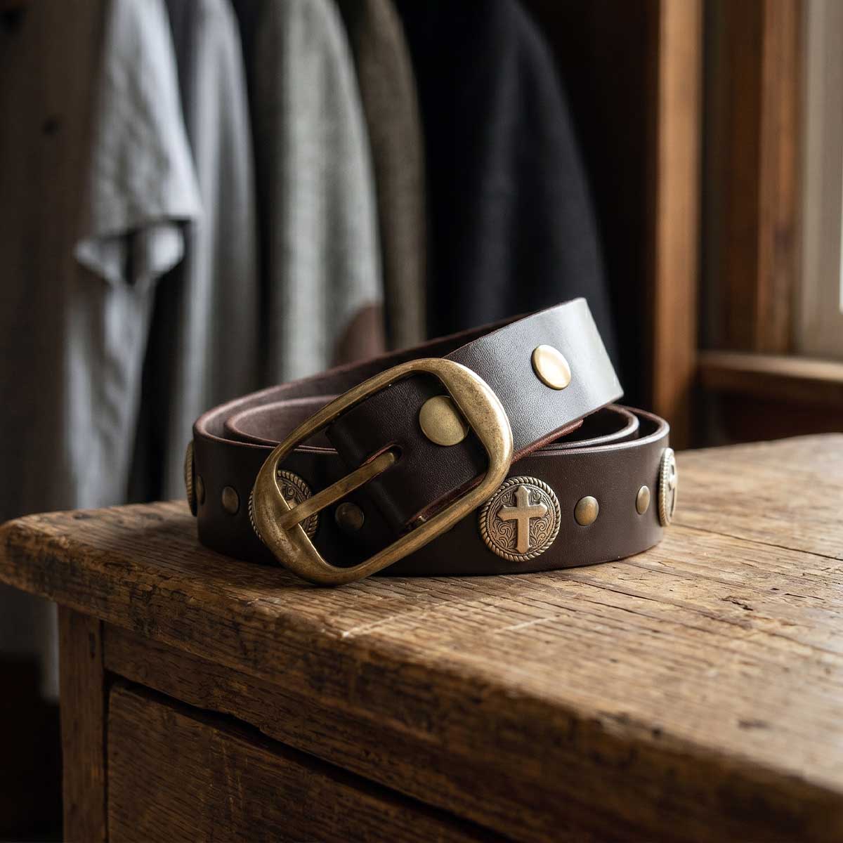 Milwaukee Leather Men's Cross Circle Brown Leather Belt w/ Interchangeable Buckle - 1.5 inches Wide - MP7127