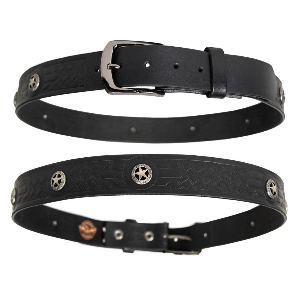 Milwaukee Leather Men's Frontier Star Black Leather Belt with Western Star Emblems  - 1.5 Inch Biker Belt - MP7135