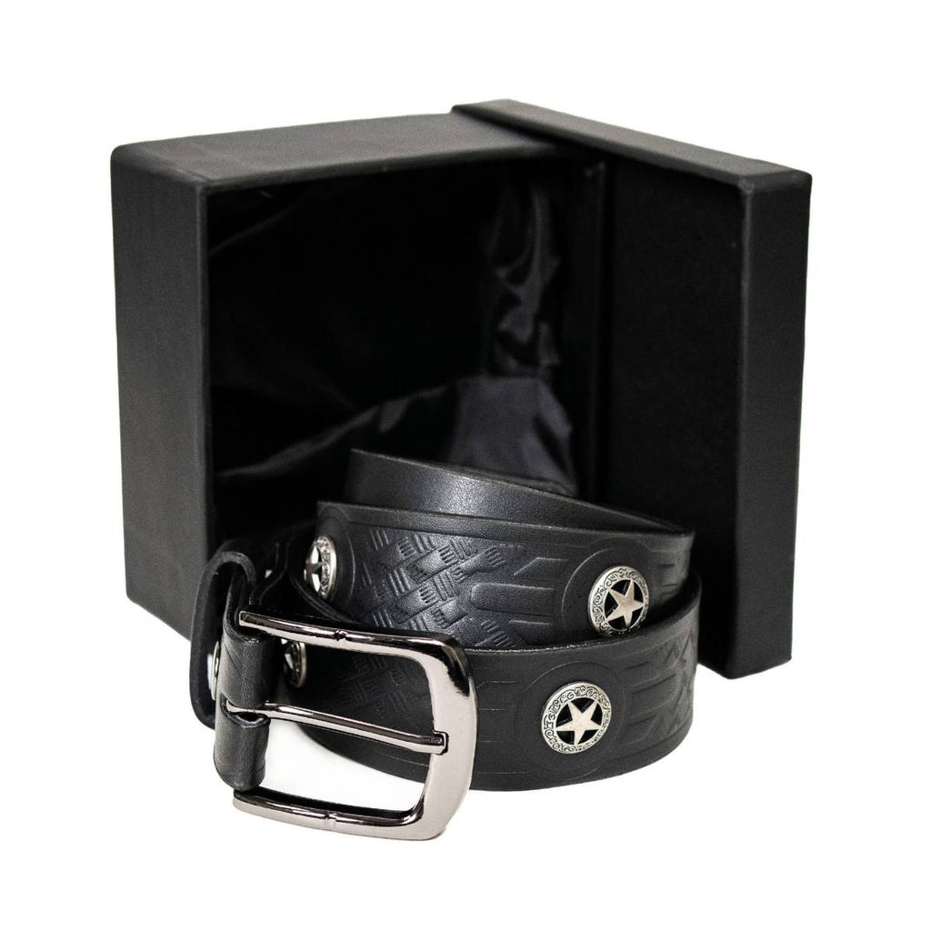 Milwaukee Leather Men's Frontier Star Black Leather Belt with Western Star Emblems  - 1.5 Inch Biker Belt - MP7135