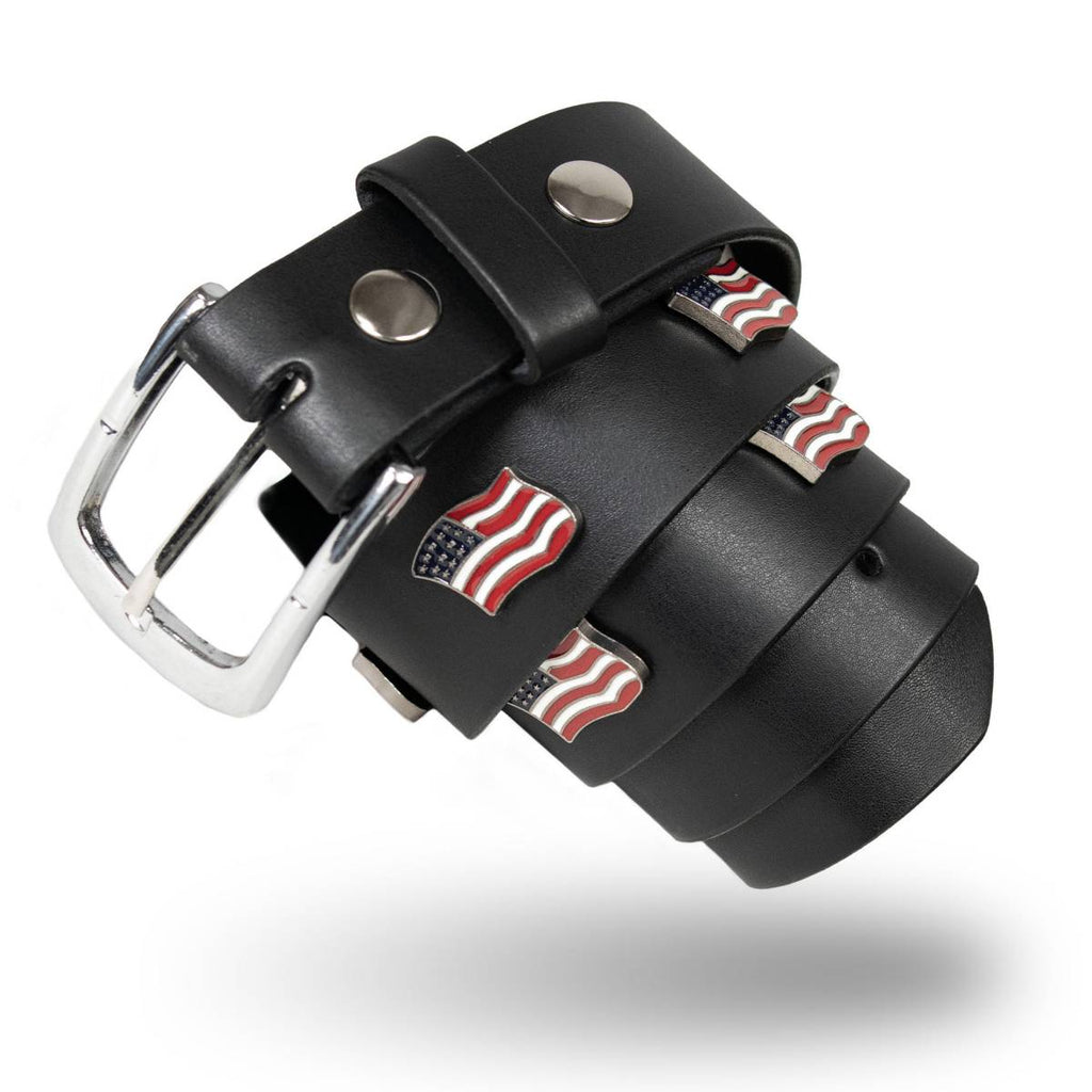Milwaukee Leather Men's Freedom Line Black Leather Belt with USA Flag Emblems - 1.5 Inch - MPM7140