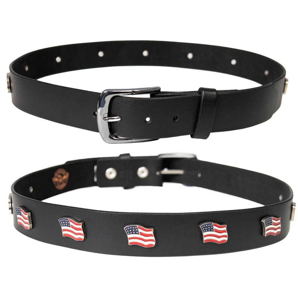Milwaukee Leather Men's Freedom Line Black Leather Belt with USA Flag Emblems - 1.5 Inch - MPM7140