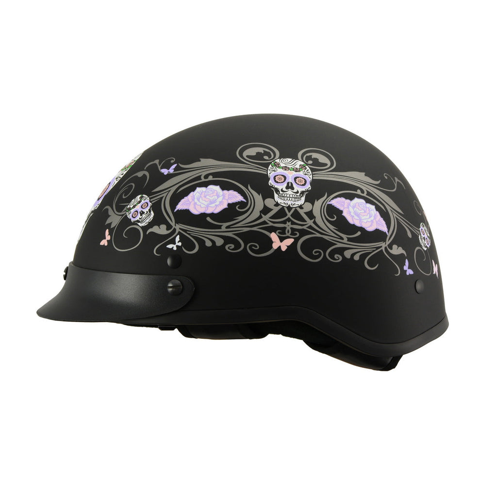 Milwaukee Performance Helmets MPH9726DOT Sugar Skull Matte Black DOT Half Helmet w/ Drop Down Visor