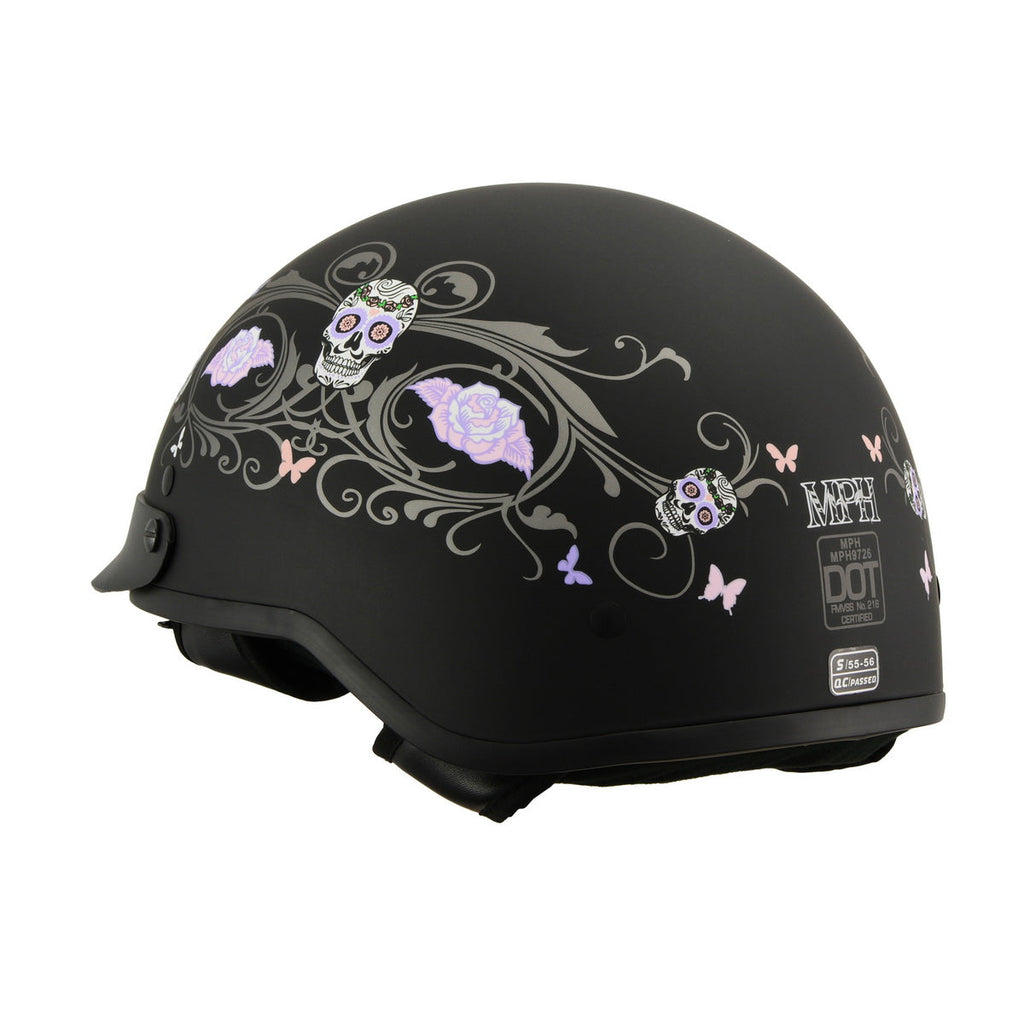 Milwaukee Performance Helmets MPH9726DOT Sugar Skull Matte Black DOT Half Helmet w/ Drop Down Visor