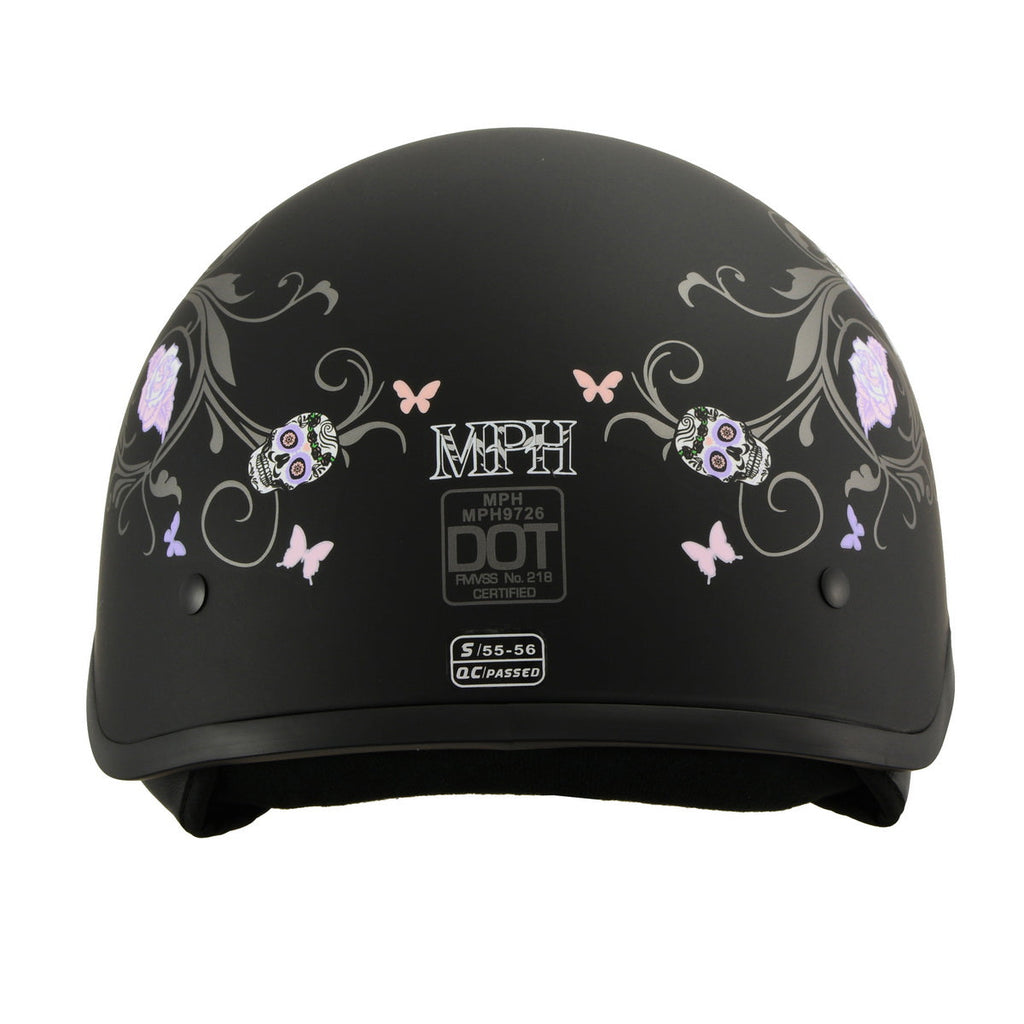 Milwaukee Performance Helmets MPH9726DOT Sugar Skull Matte Black DOT Half Helmet w/ Drop Down Visor