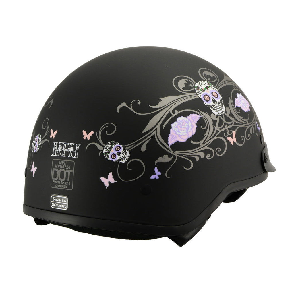 Milwaukee Performance Helmets MPH9726DOT Sugar Skull Matte Black DOT Half Helmet w/ Drop Down Visor