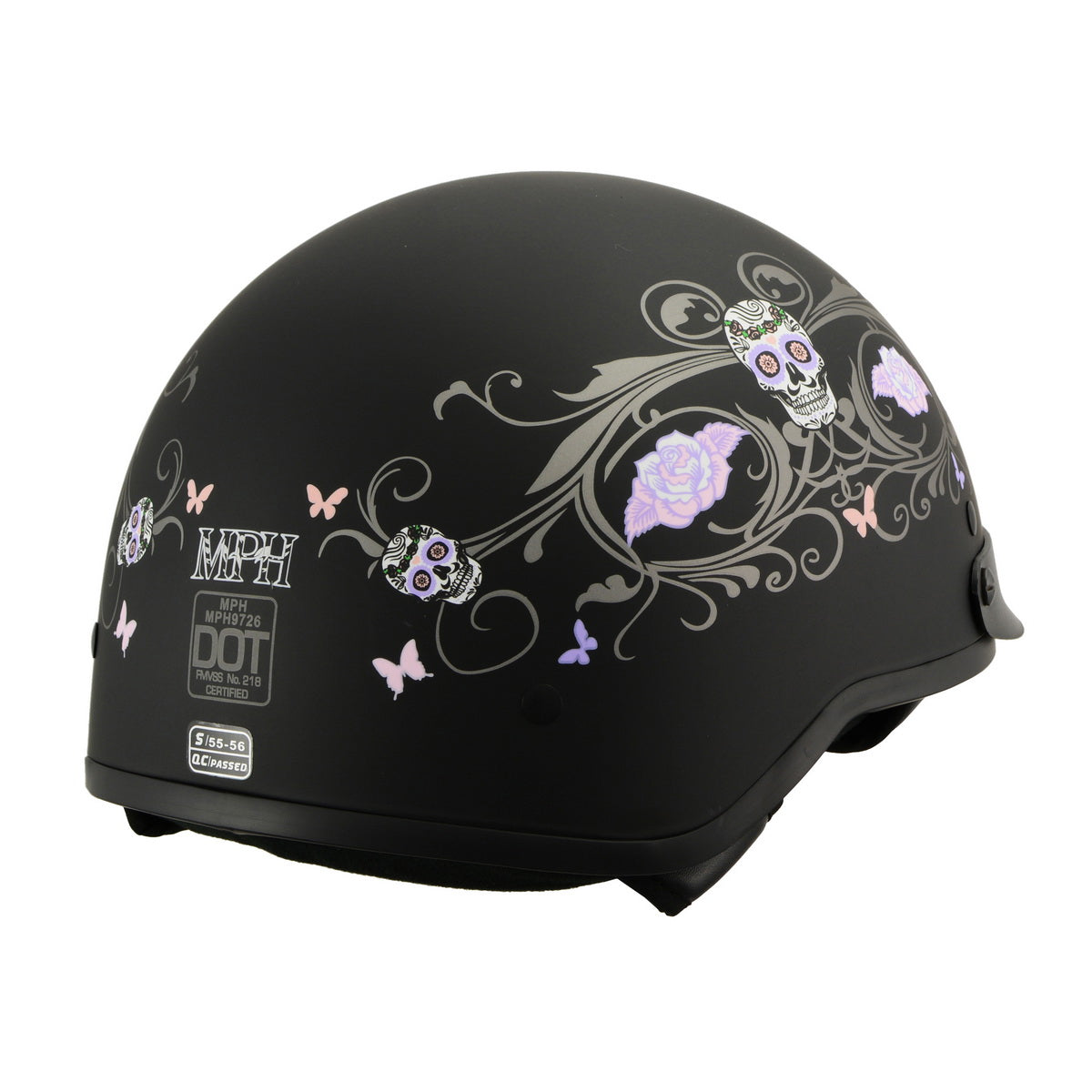 Milwaukee Performance Helmets MPH9726DOT Sugar Skull Matte Black DOT Half Helmet w/ Drop Down Visor