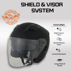 Milwaukee Performance Helmets MPH9805DOT Shift Open Face 3/4 Matte Black Helmet Biker w/ Drop Down Visor