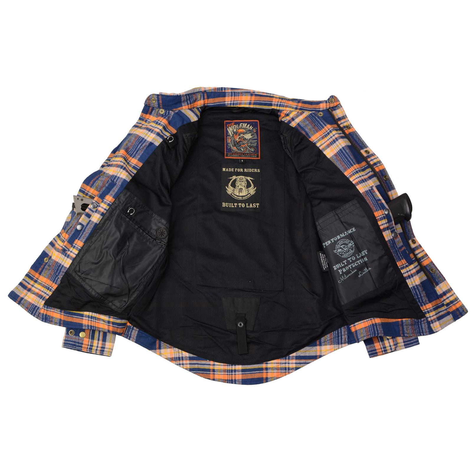 Milwaukee Leather MPM1656 Blue and Orange Flannel Biker Shirt for Men with CE Armor - Reinforced w/ Aramid Fiber