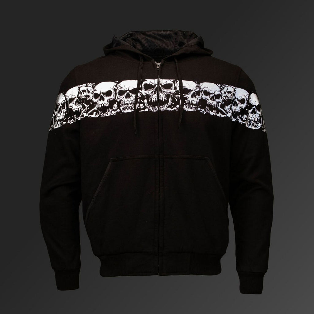 MMCC Men’s Bare Bones Hoodie - Reflective Skull Graphics Front & Back, Full Zip, 100 % Cotton - MPM1681
