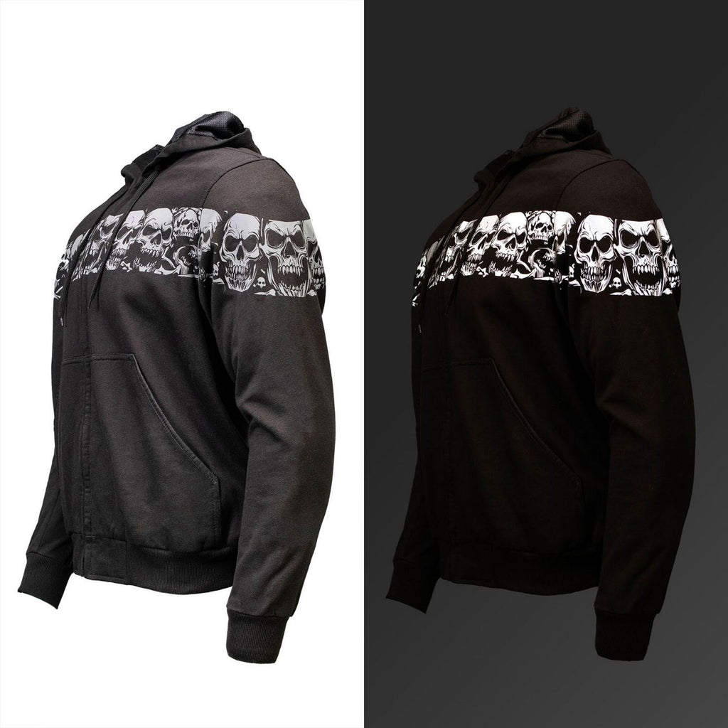 MMCC Men’s Bare Bones Hoodie - Reflective Skull Graphics Front & Back, Full Zip, 100 % Cotton - MPM1681