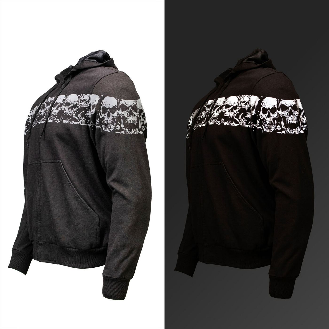 MMCC Men’s Bare Bones Hoodie - Reflective Skull Graphics Front & Back, Full Zip, 100 % Cotton - MPM1681