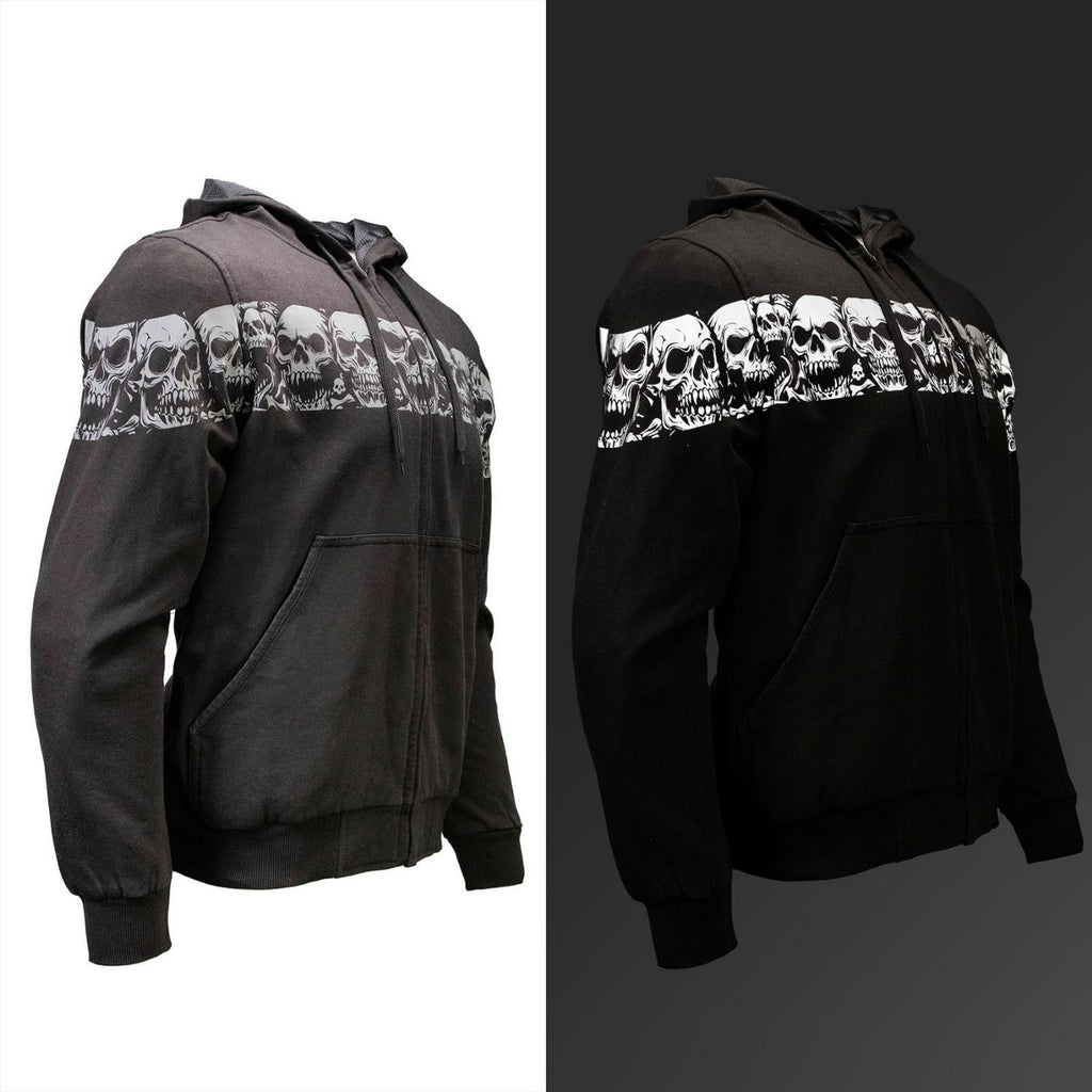 MMCC Men’s Bare Bones Hoodie – Reflective Skull Graphics Front & Back, Full Zip, 100 % Cotton - MPM1681