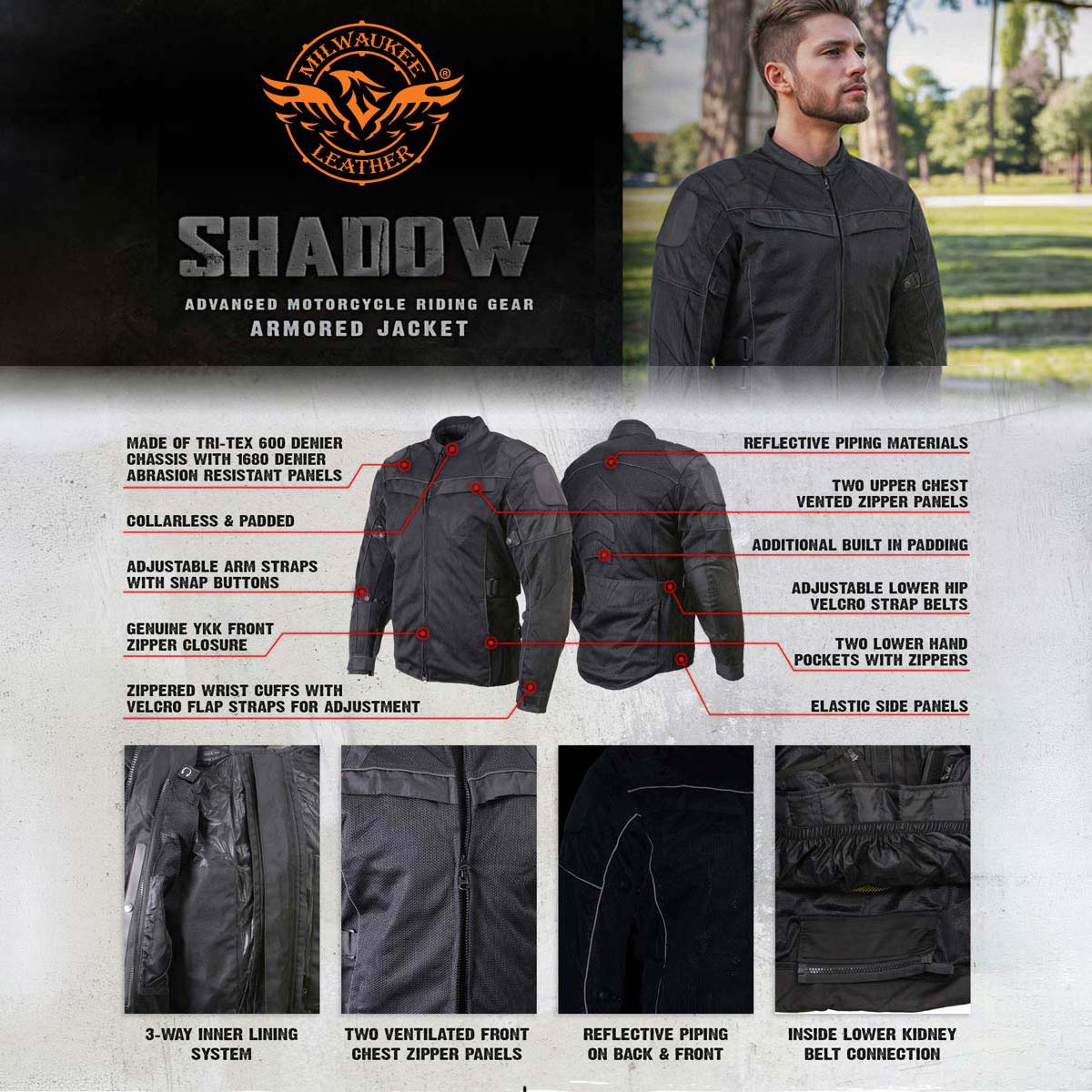 Milwaukee Leather Men's Shadow Black Textile Motorcycle Jacket w