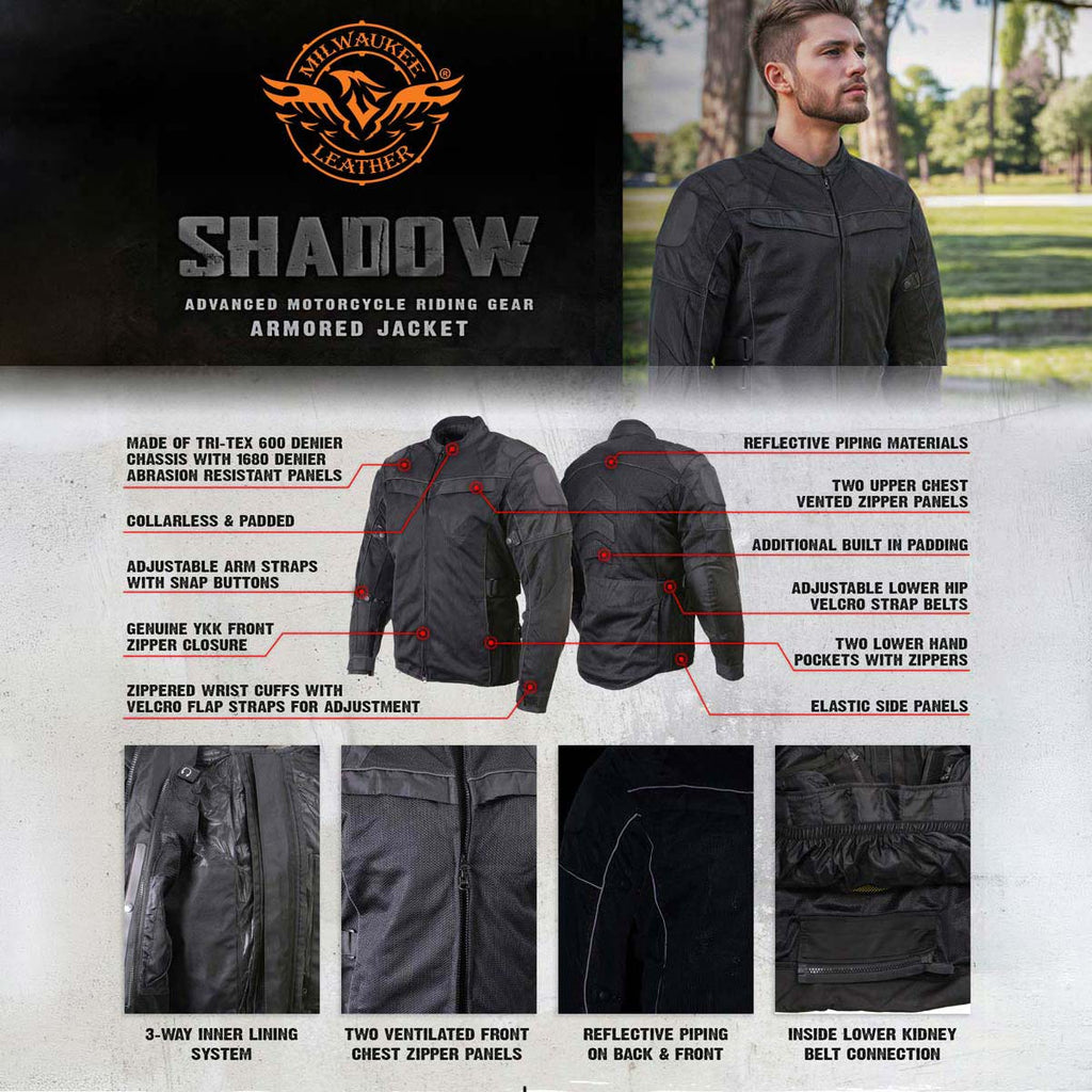 Milwaukee Leather Men's Shadow Black Textile Motorcycle Jacket w/ CE Armor - MPM17030