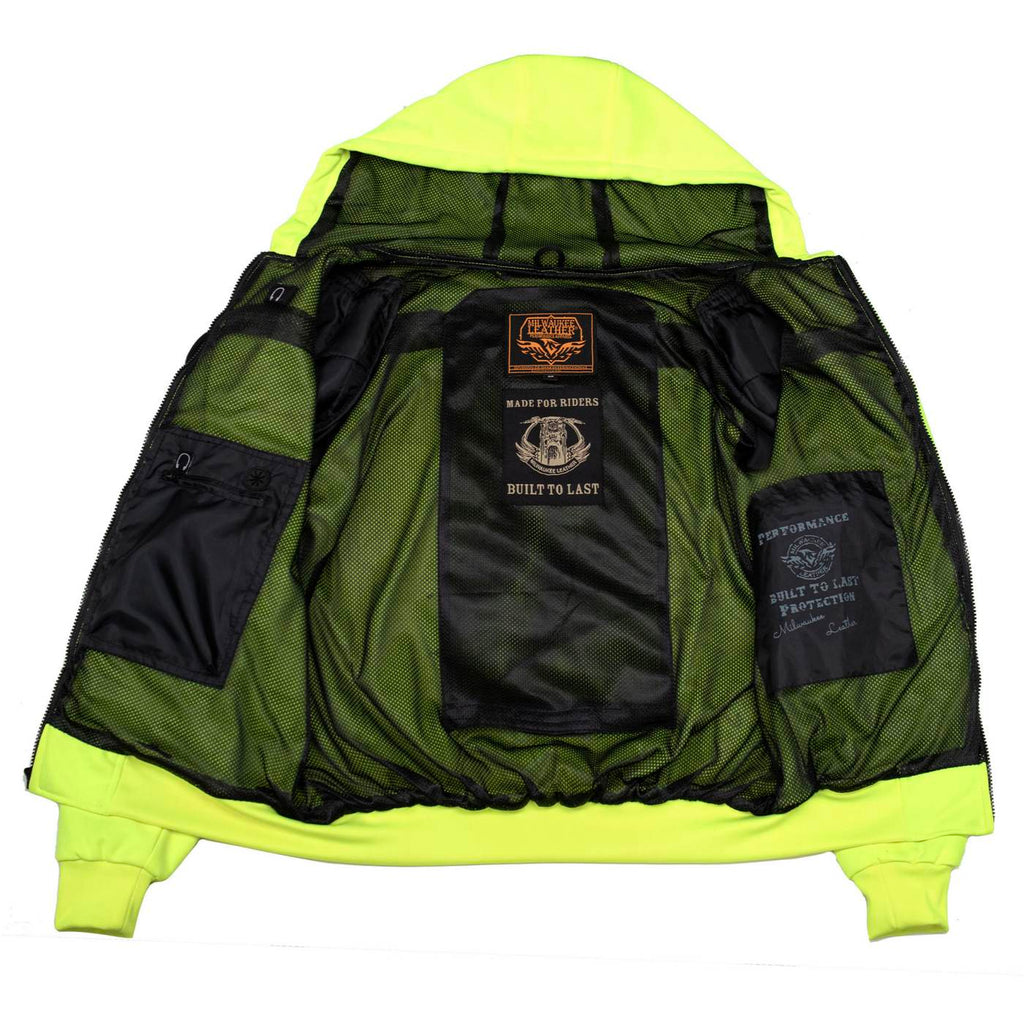 Milwaukee Leather Men's Neon-Green Streetguard Riding Hoodie - Aramid Reinforced with CE Shoulder and Elbow Armor - MPM1772