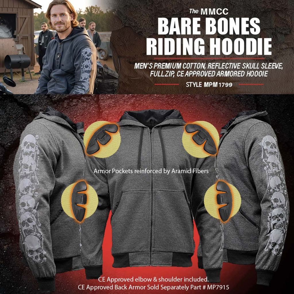 Milwaukee Leather Men's Bare Bones Charcoal Reflective CE Armored Riding Hoodie, Shoulder-Elbow Armor - MPM1798