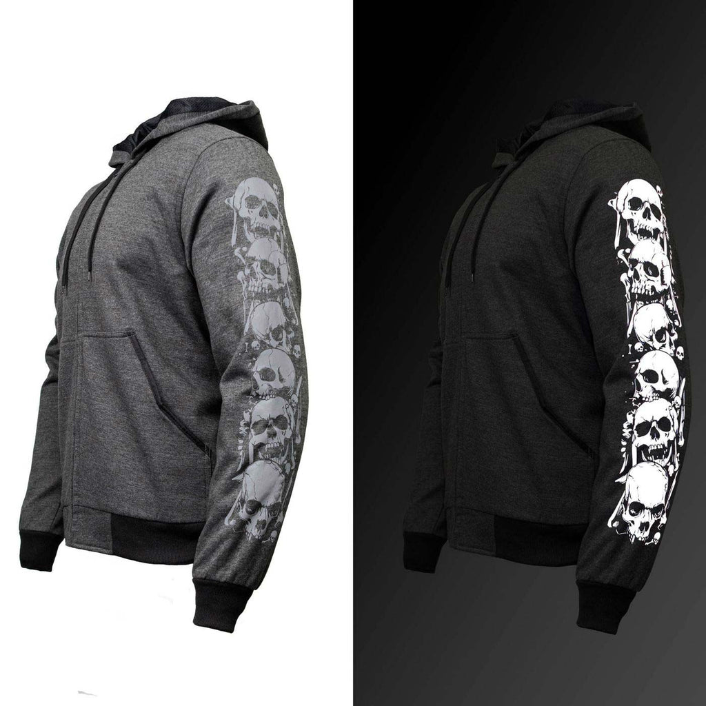 Milwaukee Leather Men's Bare Bones Charcoal Reflective Skull CE Armored Riding Hoodie, Shoulder & Elbow Armor - MPM1799