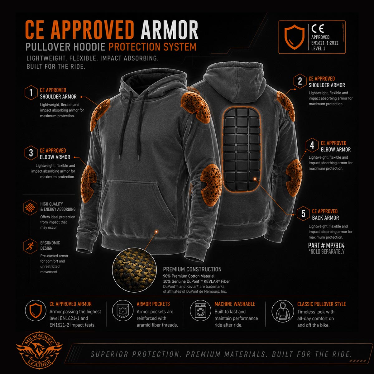 Milwaukee Leather Men's Streetguard Riding Hoodie - Aramid Reinforced with CE Shoulder and Elbow Armor