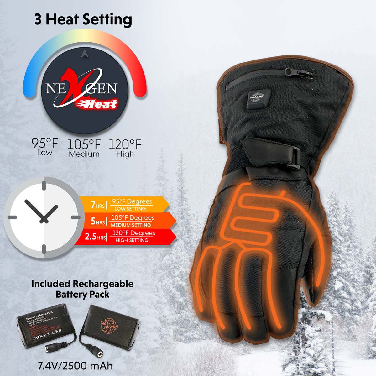 Milwaukee Leather MG17501SET Men’s Heated Gloves for Winter Black Leather/Textile Motorcycle Glove w/Battery and Harness Wire