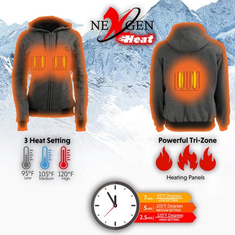 Nexgen Heat NXM1717DUAL Technology Men's “Fiery’’ Heated Hoodie - Grey Sweatshirt Jacket for Winter w/ Battery Pack