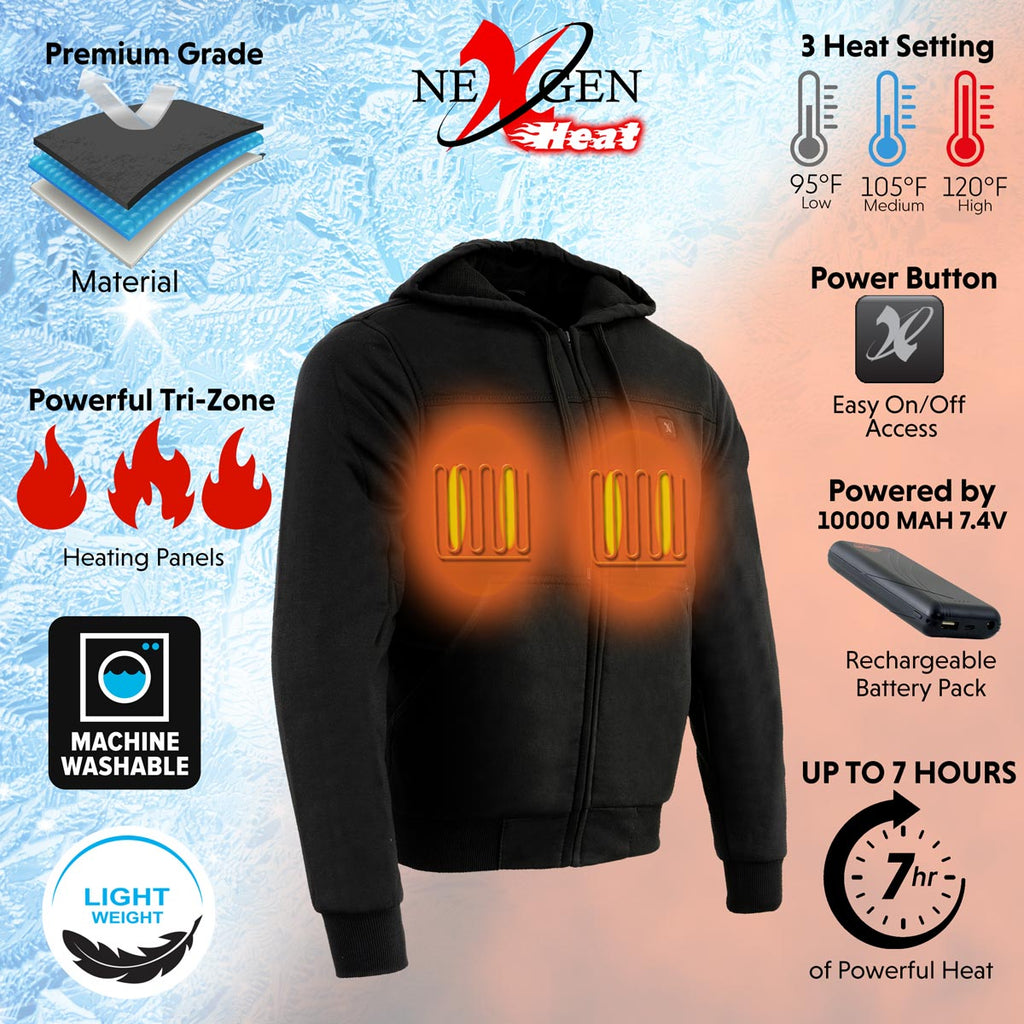 Nexgen Heat MPM1713 Men's Black 'Fiery' Heated Hoodies - Front Zipper Textile Heated Jacket for Winter w/Battery Pack