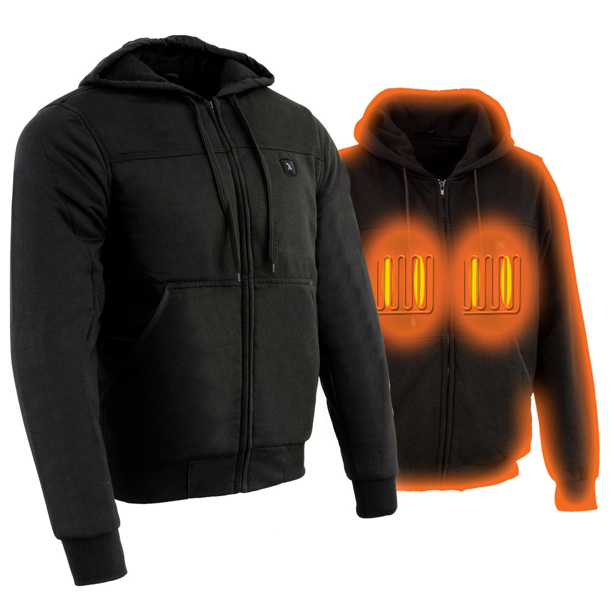 Nexgen Heat MPM1713 Men's Black 'Fiery' Heated Hoodies - Front Zipper Textile Heated Jacket for Winter w/Battery Pack