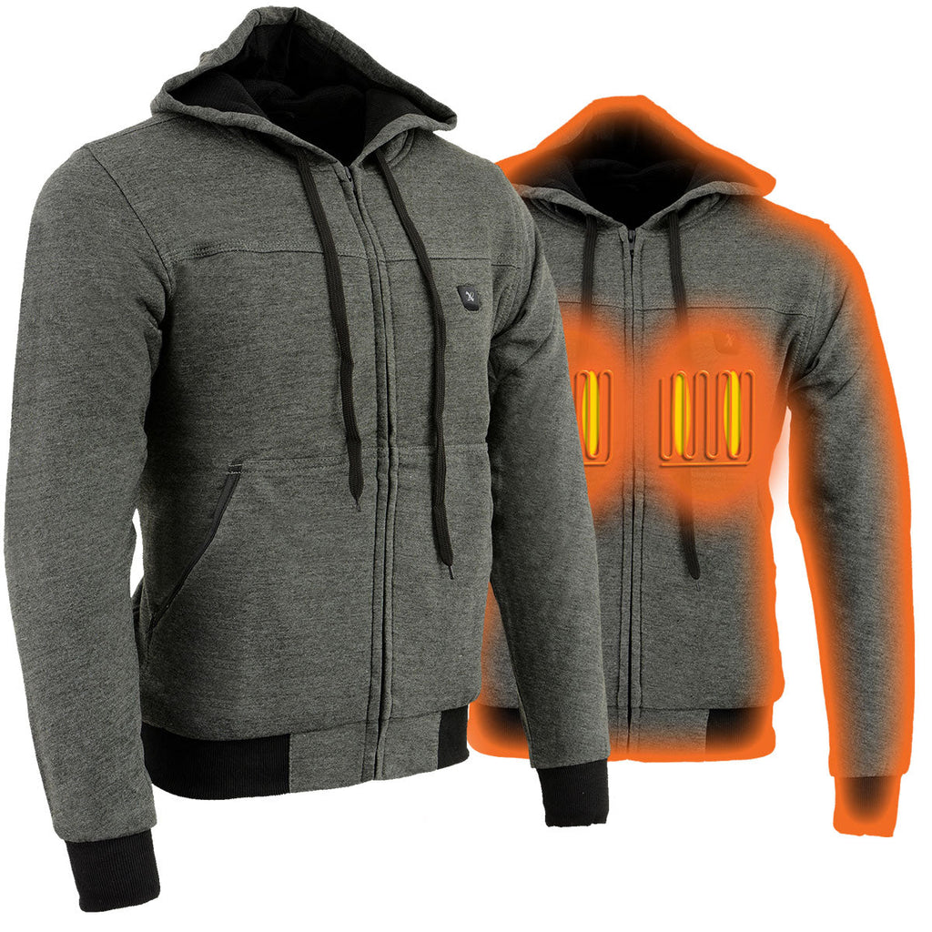 Nexgen Heat NXM1713SET Men's Grey 'Fiery' Heated Hoodies - Front Zipper Textile Heated Jacket for Winter w/Battery Pack