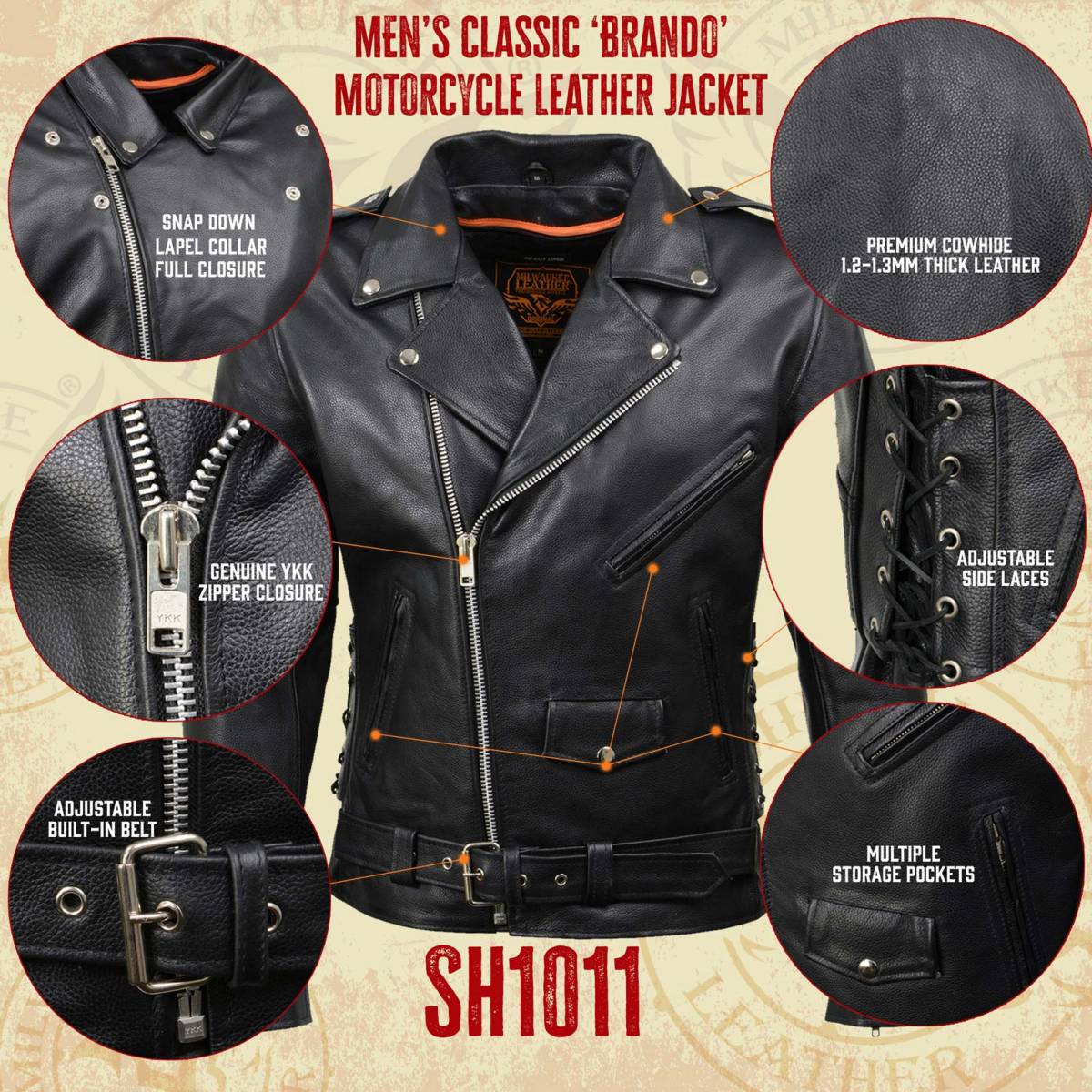 Milwaukee Leather SH1011 Men's Classic Brando Premium Leather Black Motorcycle Riders Leather Jacket w/ Side Laces