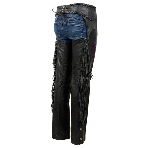 Milwaukee Leather SH1116 Women's Black Leather 'Purple Rose' Fringed Motorcycle Chaps