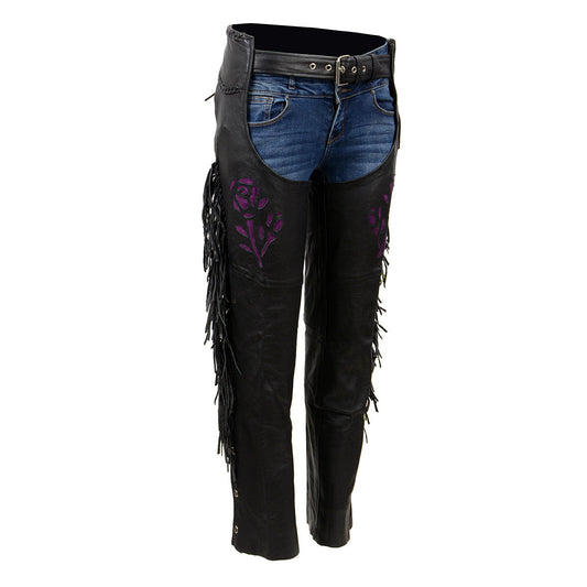 Milwaukee Leather SH1116 Women's Black Leather 'Purple Rose' Fringed Motorcycle Chaps