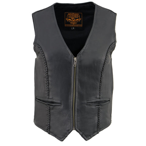 Milwaukee Leather SH1246Z Women's Black Leather Classic Braided Motorcycle Rider Vest with Zipper Closure