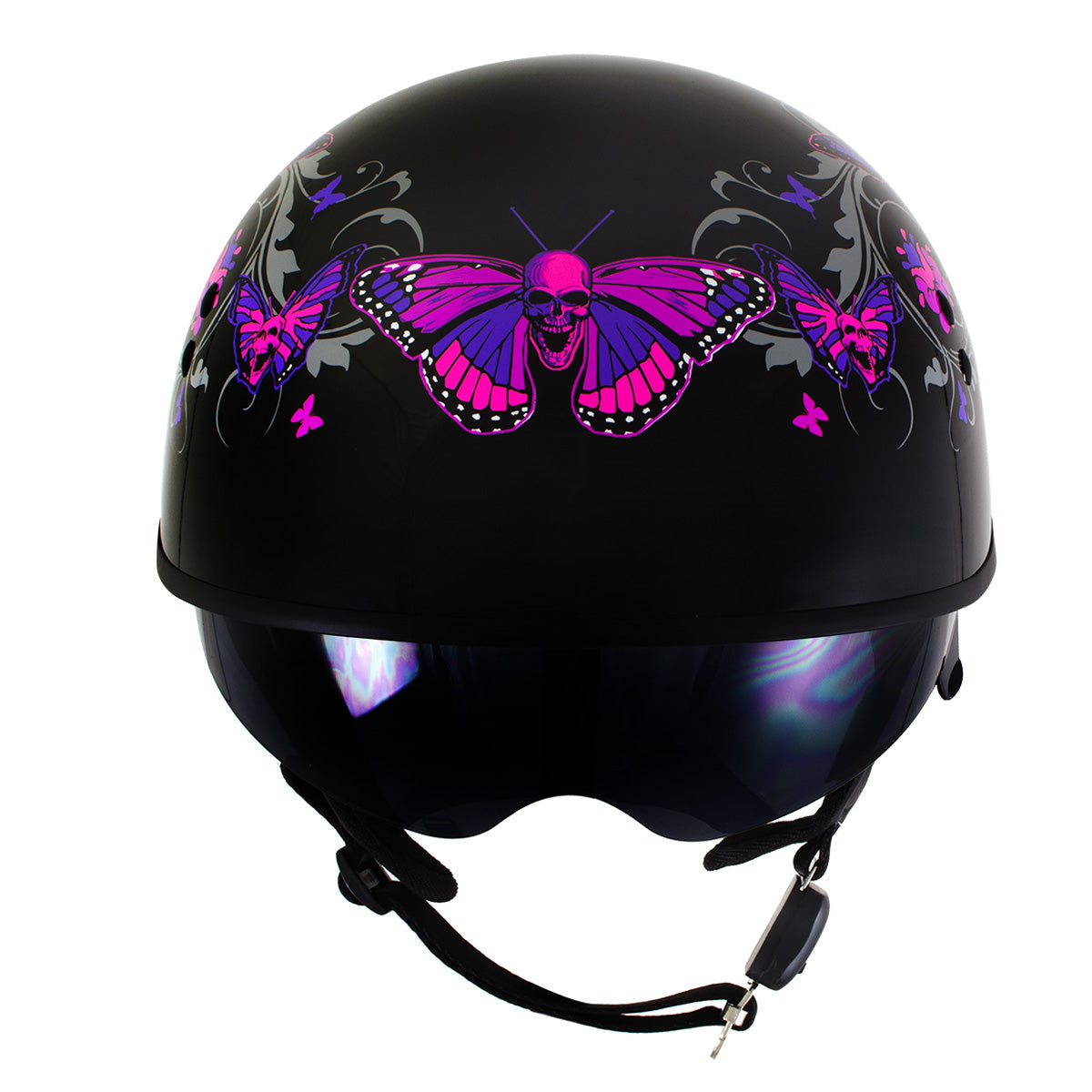 Milwaukee Helmets T72 Gloss Black Pink Butterflies Advanced DOT Helmet for Men and Women with Drop Down Tinted Visor