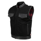 Milwaukee Leather USA MADE MLVSM5101 Men's Black Burn Out Denim and Leather Motorcycle Vest with Plaid Red Lining