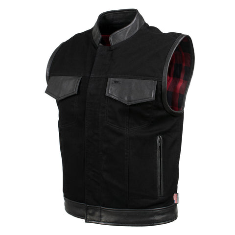 Milwaukee Leather USA MADE MLVSM5101 Men's Black 'Burn Out' Denim and Leather Motorcycle Vest with Plaid Red Lining