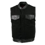 Milwaukee Leather USA MADE MLVSM5101 Men's Black Burn Out Denim and Leather Motorcycle Vest with Plaid Red Lining