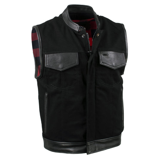 Milwaukee Leather USA MADE MLVSM5101 Men's Black Burn Out Denim and Leather Motorcycle Vest with Plaid Red Lining