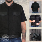 Milwaukee Leather USA MADE MLVSM5101 Men's Black Burn Out Denim and Leather Motorcycle Vest with Plaid Red Lining