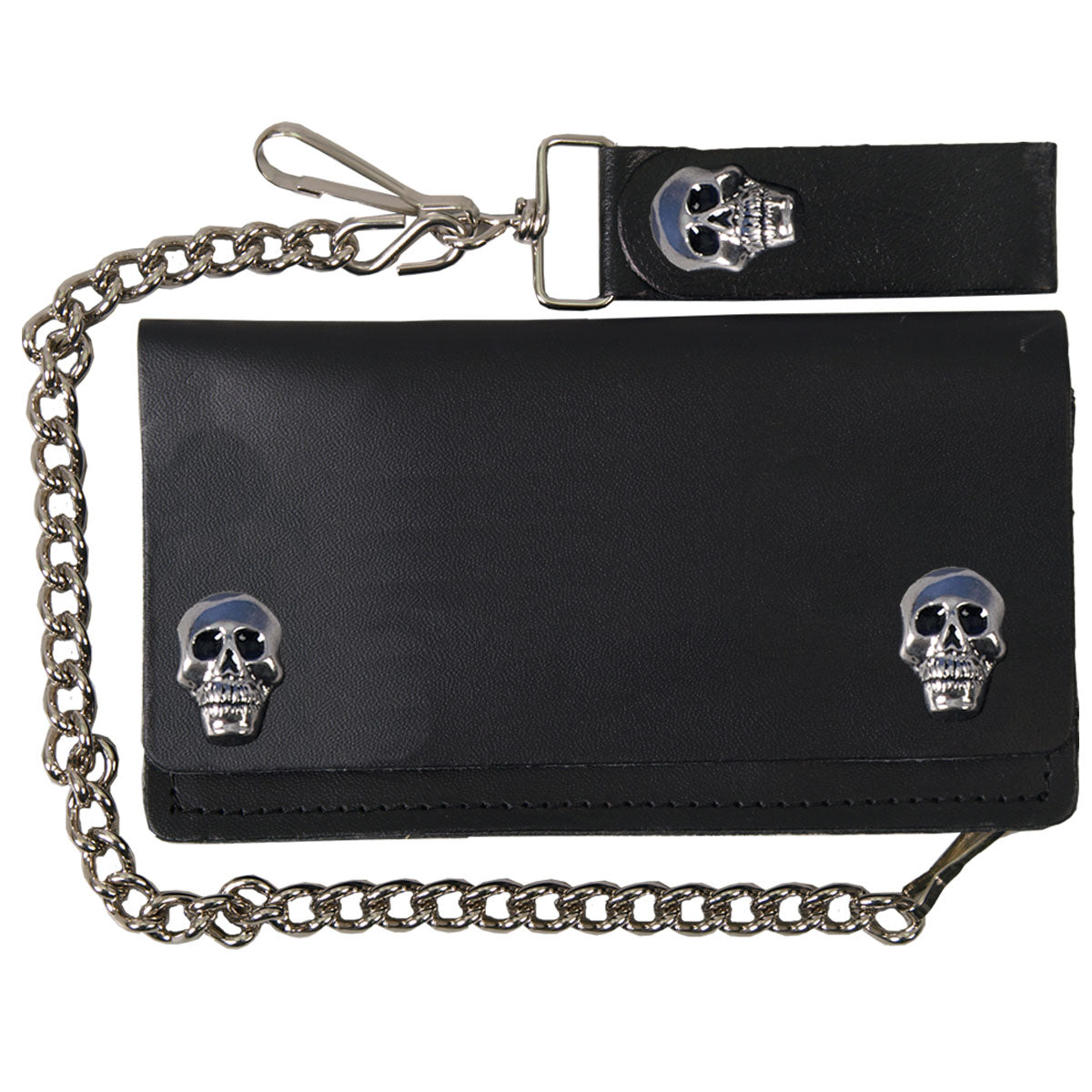 Hot Leathers WLA2004 6" Skull Snap Bi-Fold Black Leather Wallet with Chain - GRP