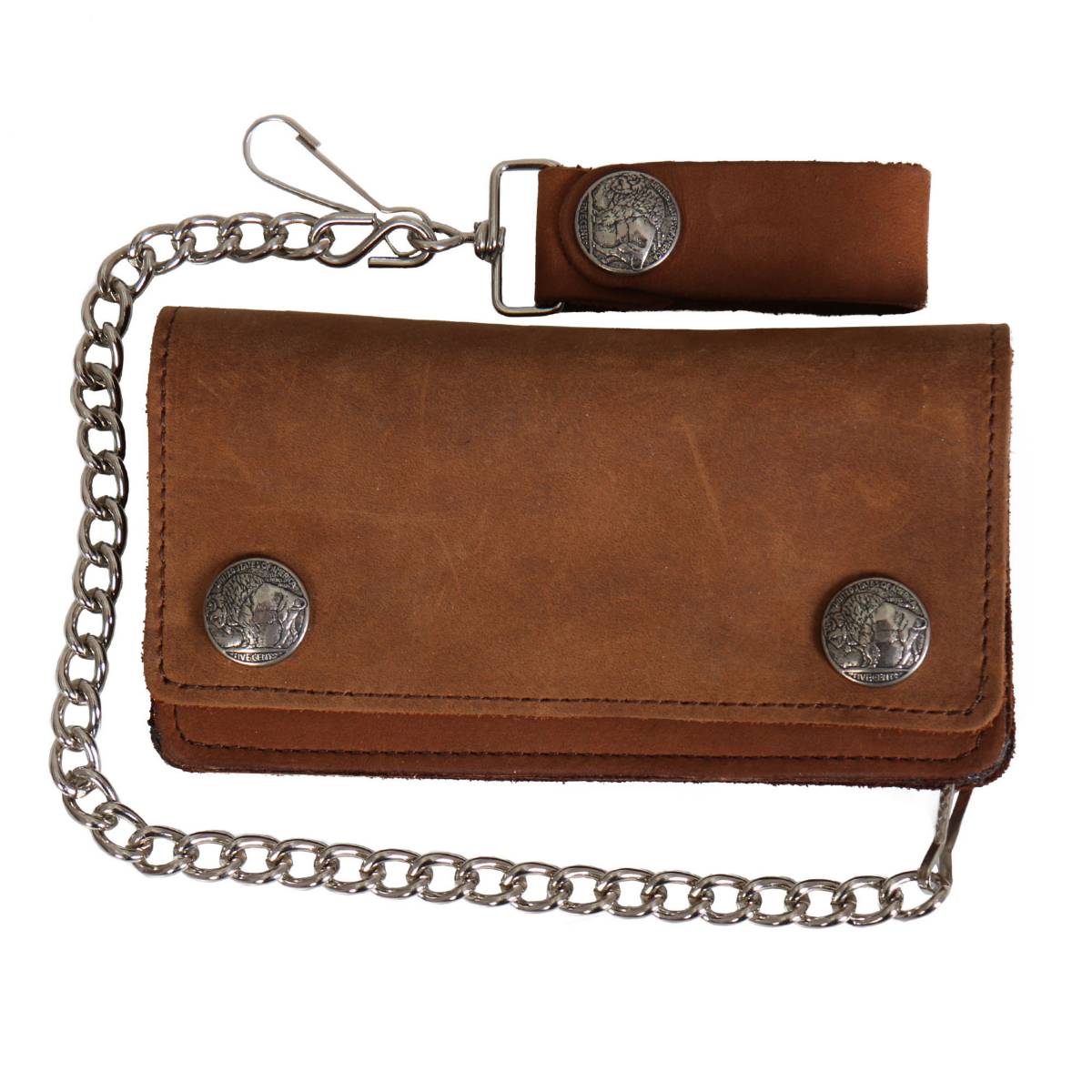 Hot Leathers WLA2016 6" Brown Buffalo Nickel Bi-Fold Leather Wallet with Chain - GRP