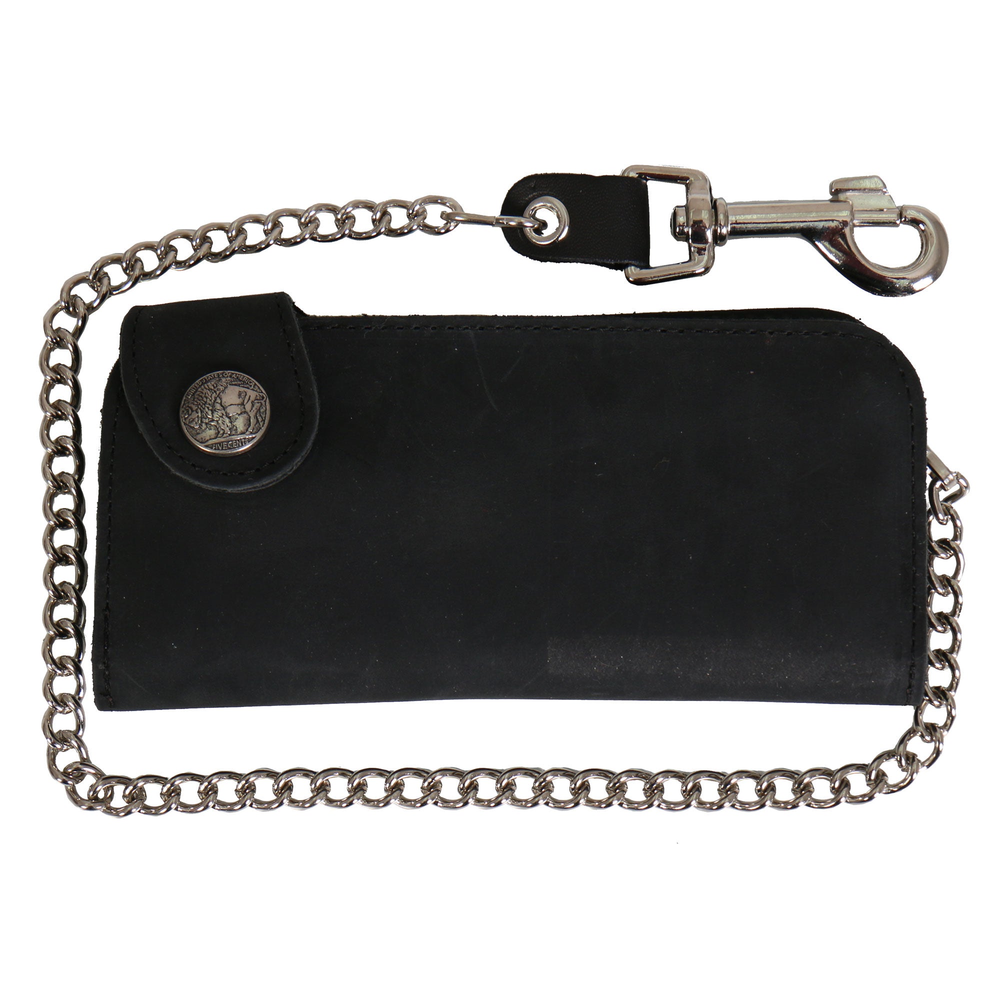 Hot Leathers WLA3001 7" Black Buffalo Nickel Snap Bi-Fold Wallet with Chain - GRP