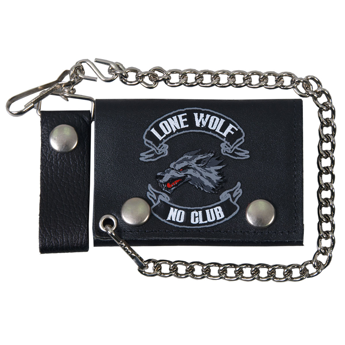 Hot Leathers WLB1007 4" Lone Wolf Tri-Fold Black Leather Wallet with Chain - GRP