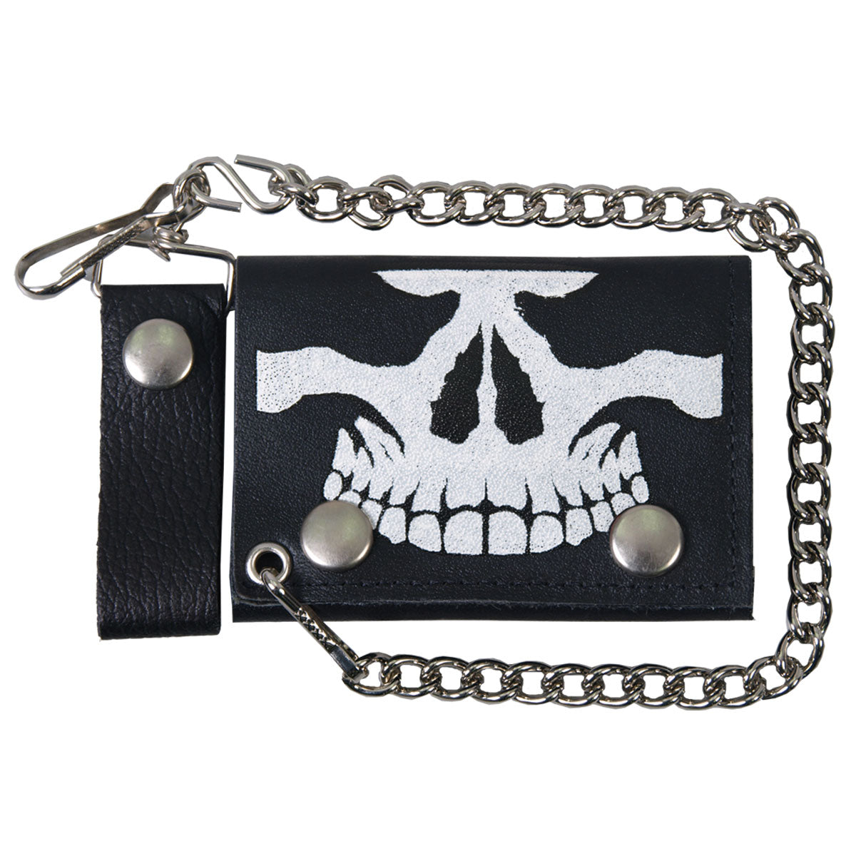 Hot Leathers WLB1010 4" Skull Black Leather Bi-Fold Wallet with Chain - GRP
