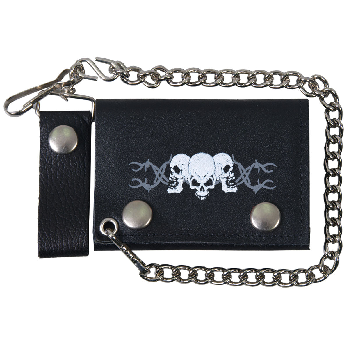 Hot Leathers WLB1014 4" Barbed Wire Skulls Black Leather Bi-Fold Wallet with Chain - GRP